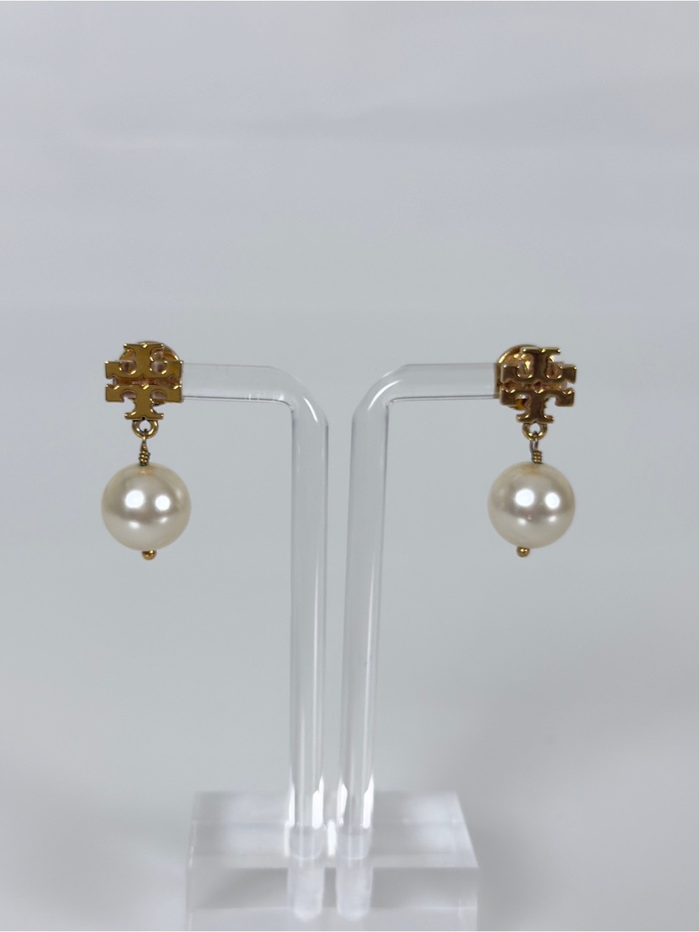 Tory Burch Gold Logo Pearl Drop Earrings